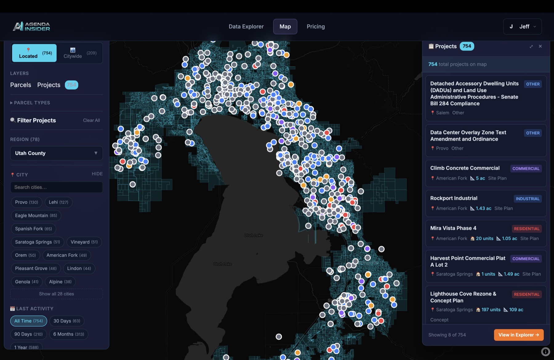 Agenda Insider map view showing tracked projects across Utah County with parcel overlays and a live project list.